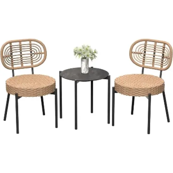 Acekool 3-Piece Wicker Bistro Set - 2 Chairs & Glass Table for Patio, Balcony & Small Spaces image {1}