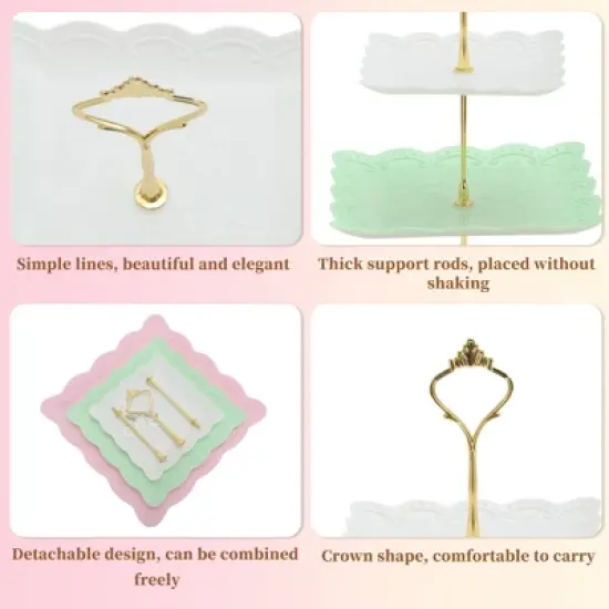 Unique Bargains 3 Tier Dessert Cupcake Stand Holder Square Tiered Serving Tray for Donuts Fruits White Pink Green Gold Tone image {2}