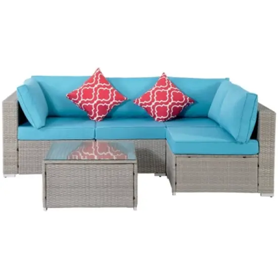 5pc Wicker Patio Seating Set with Cushions - Gray/Blue - GODEER image {3}