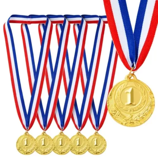 Maplefield 6-Pack Gold 1st Place Winner Medals, Sports Awards with 15.5-Inch Red, White, and Blue Ribbon (Metal, 2 in) image {8}