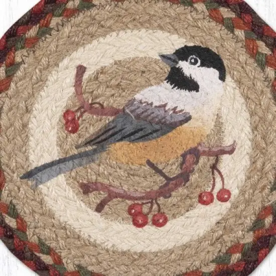 Earth Rugs Chickadee Round Trivet &ndash; 10" Songbird Print on Braided Natural Jute Table Mat image {2}
