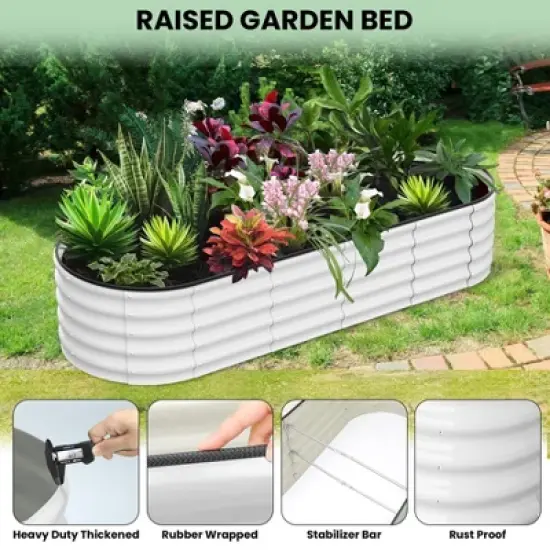 Raised Garden Bed Galvanized Steel - 8x2ft Large Outdoor Planter Box Kit with Wave Design, Open Base & Durable Frame, White image {8}