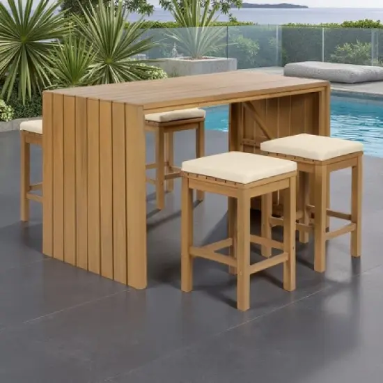 5-Piece Outdoor Patio Acacia Wood Bar Dining Set with 4 Cushioned Stools image {9}