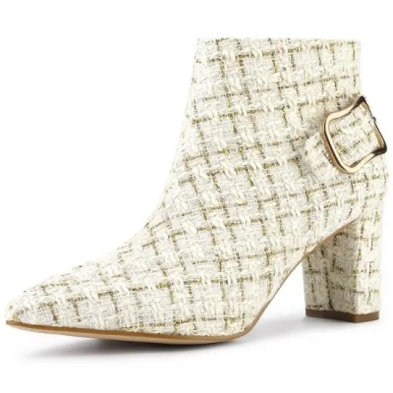Allegra K Women's Plaid Pointed Toe Chunky Heels Ankle Boots image {8}