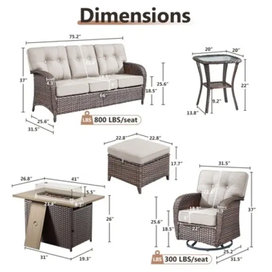 Belord Outdoor Wicker Patio Furniture Set with 41" Propane Fire Pit Table, Swivel Patio Chairs Set with Sofa Couch, Fire Pit Table and Ottoman image {12}