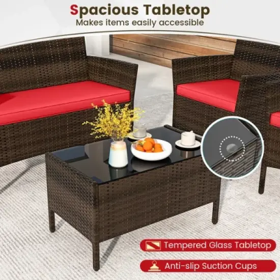 Tangkula 4 Piece Patio Rattan Conversation Set Outdoor Wicker Furniture Set with Chair Loveseat & Tempered Glass Table Cozy Seat Cushions image {3}