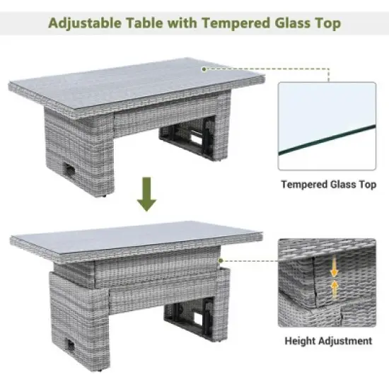 Outdoor Patio Rattan Sectional Sofa Set with Adjustable Height Table and 2 Reclining Seat, Extendable Side Tables image {5}