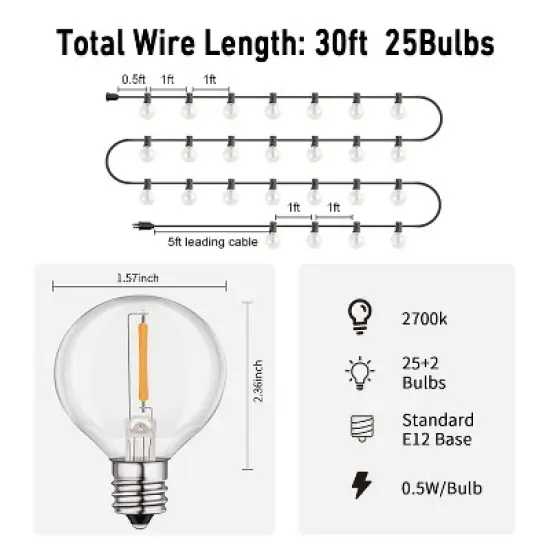 Itopfox 30ft Outdoor LED String Lights with 27 G40 Shatterproof Bulbs, Waterproof Connectable Globe Lights for Backyard, Balcony, Bistro, Party, Cafe image {1}