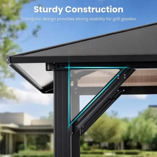 Pamapic 8' x 5' Hardtop BBQ Grill Gazebo Tent Canopy with 2-Tier PC Roof and Side Shelves, Gray image {5}