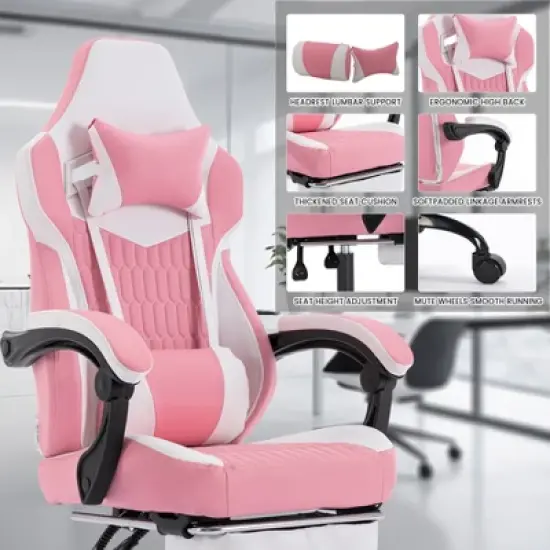 APRILSOUL High Back Gaming Chairs PVC Leather, Ergonomic Gamer Chair with Footrest, Adjustable Headrest, Lumbar Support, Pink image {3}