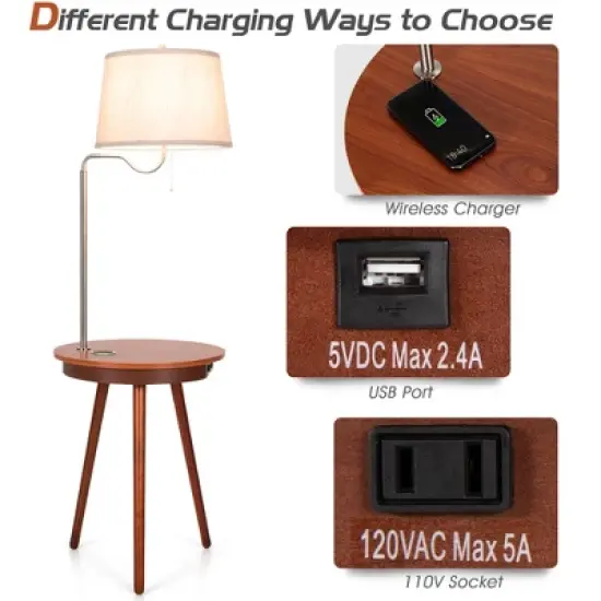 Costway End Table Lamp Bedside Nightstand Lighting with Wireless Charger Natural\Coffee image {5}