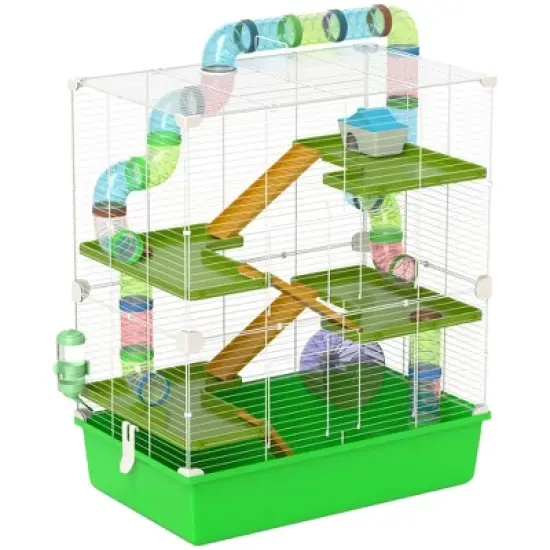 PawHut Extra Large 23" Hamster Cage with Tubes Tunnels Portable Carry Handles, Rat House and Habitats 5-Tier with Wheel Water Bottle Food Dish image {7}
