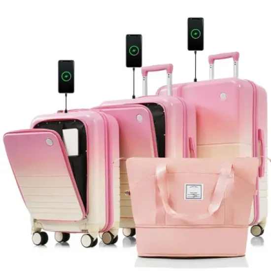 Gulches Luggage Set of 4  with front opening design Airline Certified Carry on Luggage with Cup Holder, ABS+PC Hard Shell Luggage (20"+24") , Pink image {11}