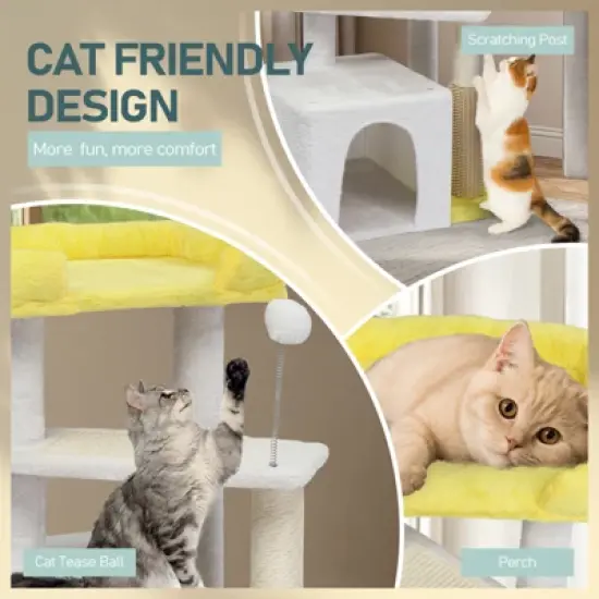 27.5in Cat Tree, Multi-level Cat Tower with Cat Scratching Post and Pad, Cozy Cat Condo, Padded Top Bed for Kittens and Indoor Cats, Yellow & White image {4}