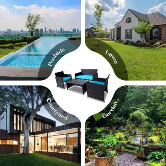 FIONECA Deluxe 4-Piece Patio Furniture Set &uml;C Black Rattan Outdoor Conversation Set with Light Blue Cushions & Table image {5}