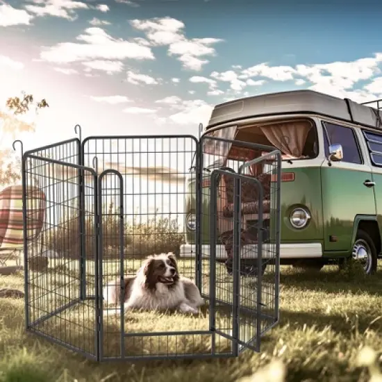 Angel Sar 39.37"H Heavy Duty Metal Dog Play Pen Indoors with Automatic Gravity Locking Mechanism, 6 Panels Dog Fence Outdoor for Yard with PVC Pads image {8}