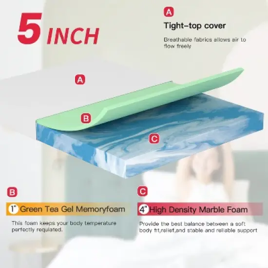 FDW 5 inch Green Tea Cooling Gel Memory Foam Mattress & Marbling on Normal Foam, CertiPUR-US Certified, Bed-in-a-Box,Pressure-Relieving Design image {2}