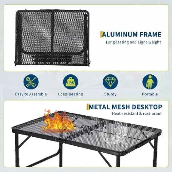 Folding Grill Table,Portable Camping Table with Mesh Desktop,Height Adjustable Lightweight Metal Grill Table image {6}