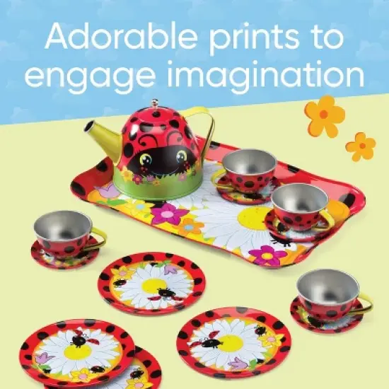 Hearthsong 15-Piece Ladybug-Themed Tin Tea Set for Kids with Carrying Case, For Pretend Play image {4}