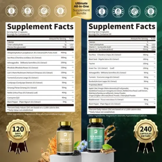 B Beworth Sea Moss and Shilajit Bundle, All in 1 Supplements for Energy, Endurance, Antioxidant & Immune Support, 240 Capsules image {1}