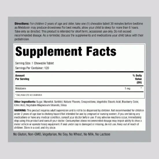 Piping Rock Kids Melatonin 1mg | 120 Chewable Tablets image {1}