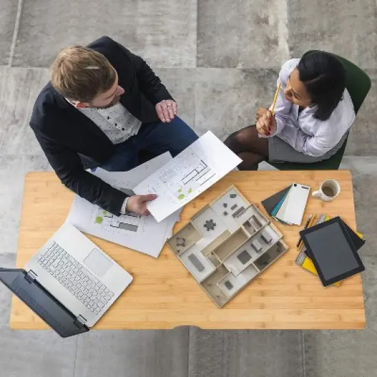 Itopfox Modern Bamboo Computer Desk with 2 Drawers, Home Office Study Table, Simple Makeup Workstation for Gaming, Dressing, and Working image {7}