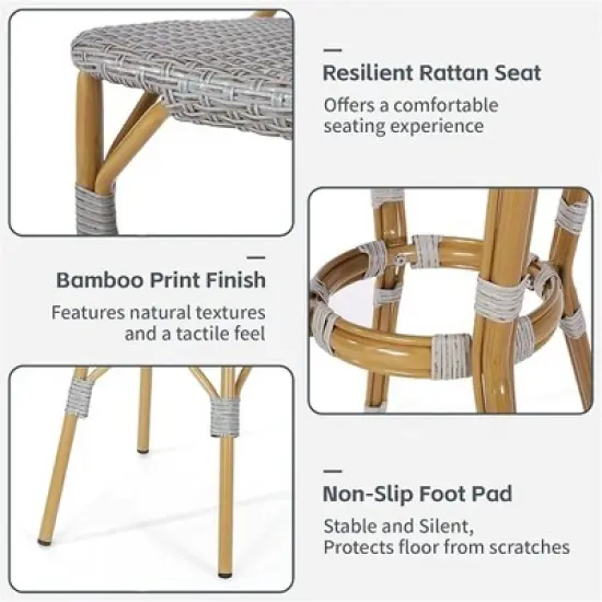 SKRAN Bistro Set, Outdoor Hand-Woven Rattan Wicker Bistro Chairs with Table for Patio Porch Garden, Aluminum Frame & Bamboo Print Finish, Light Gray image {4}