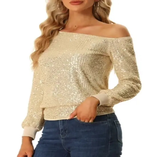 Allegra K Off Shoulder Sequins Tops for Women's Disco Party Sparkly Glitter Top image {5}