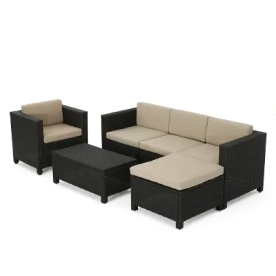Puerta 6pc Wicker L-Shaped Sectional Sofa Set  - Dark Brown - Christopher Knight Home image {1}