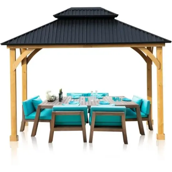 Aoodor Patio Solid Wooden Gazebo 10 x 12.36 ft. Hardtop Roof 2 - Tier for Garden image {6}