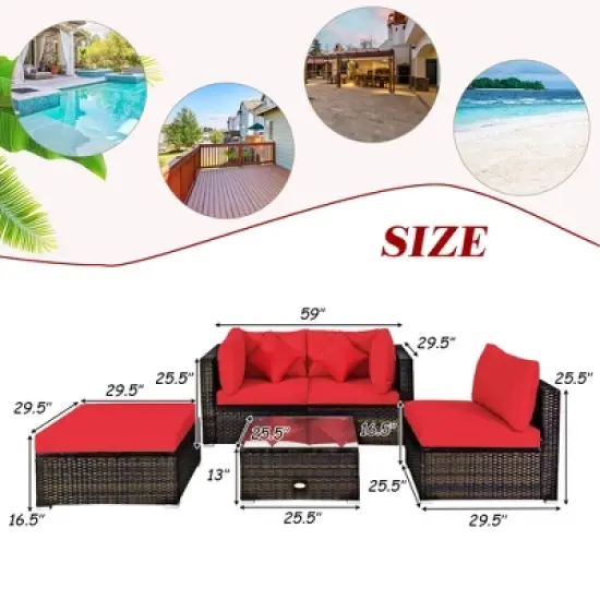Tangkula 5PCS Rattan Sectional Sofa Set Patio Furniture Set w/ Red Cushion Pillow image {7}