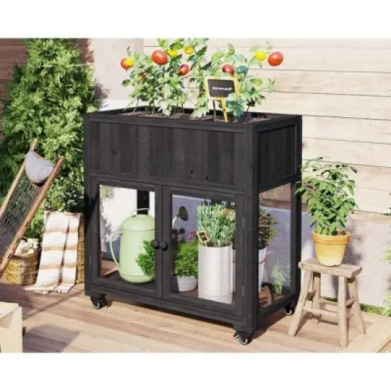 Outdoor Patio Fir Wood Mini Cold Frame,Polycarbonate Door Wooden Compact Garden Greenhouse with Wheels,Wooden Raised Bed with Liner-Coolbibila image {1}