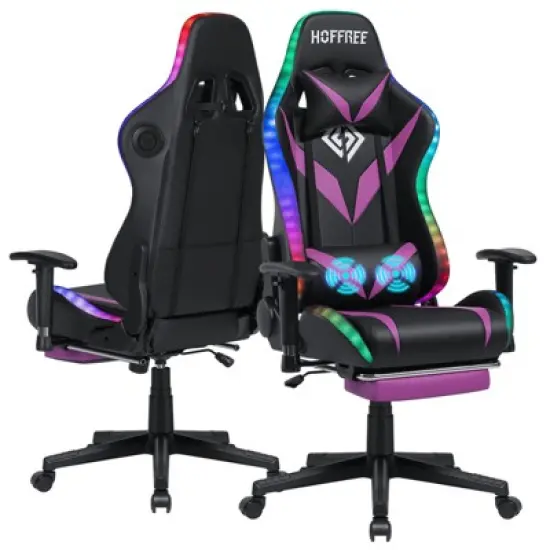 Hoffree Massage Reclining Gaming Chair Ergonomic Office PC Chair with Bluetooth Speaker & RGB Light image {13}