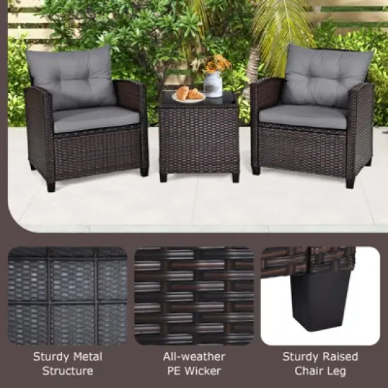 Tangkula Set of 3 Rattan Furniture Set Patio Cushioned Conversation Set Sofa image {4}
