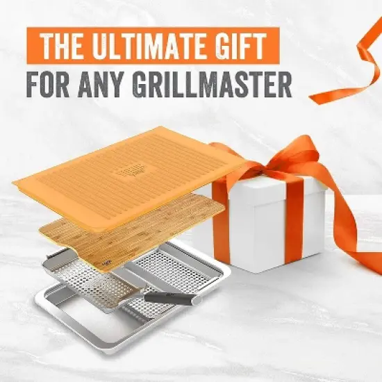 Yukon Glory BBQ 'N SERVE Premium Set, Includes 3 Grill Baskets, Serving Tray, Bamboo Cutting Board, Plastic Lid and Clip-on Handle image {3}