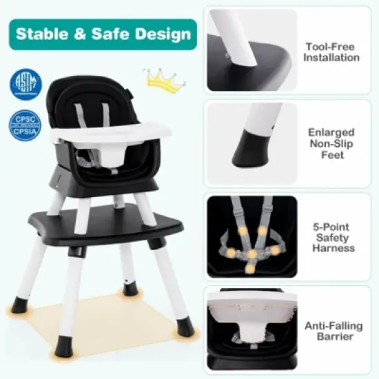 Infans 8 in 1 Baby High Chair, Convertible Highchair for Babies and Toddlers/Table and Chair Set/Booster Seat/Toddler Chair with Safety Harness, Black image {8}