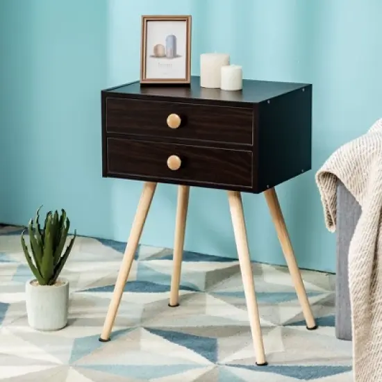 Costway Mid Century Modern 2 Drawers Nightstand Sofa Side Table End Table Espresso image {2}