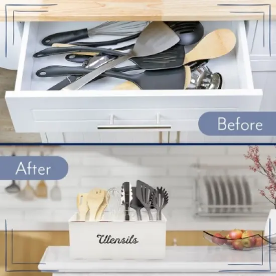 AuldHome Design Large Enamelware Utensil Holder, White Farmhouse Cooking Caddy or Spoons/Forks/Knives Storage for Countertop and Table image {5}