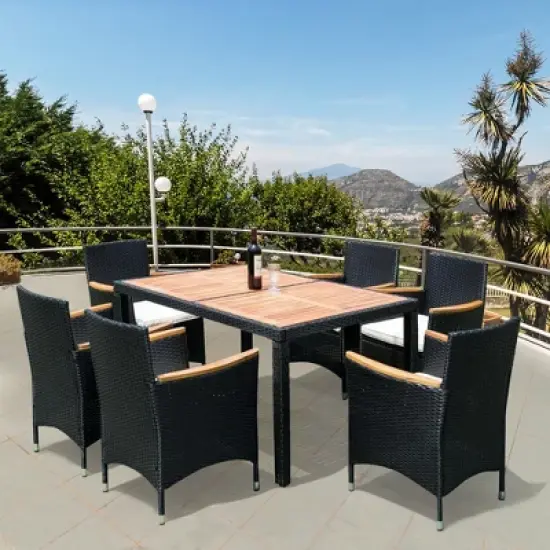 FIONECA 7-Piece Outdoor Patio Wicker Dining Set with Acacia Wood Tabletop and Chairs, All-Weather Rattan Furniture image {3}