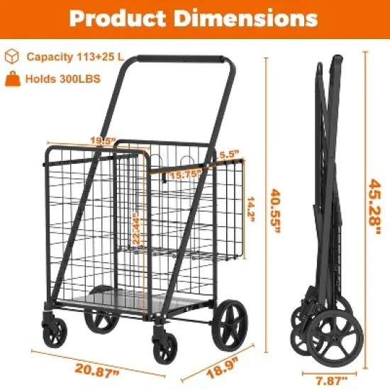 HTUTWOO Collapsible Shopping Cart, Foldable Utility Shopping Carts, 360&deg; Rolling Swivel Wheels, for Groceries Laundry image {2}
