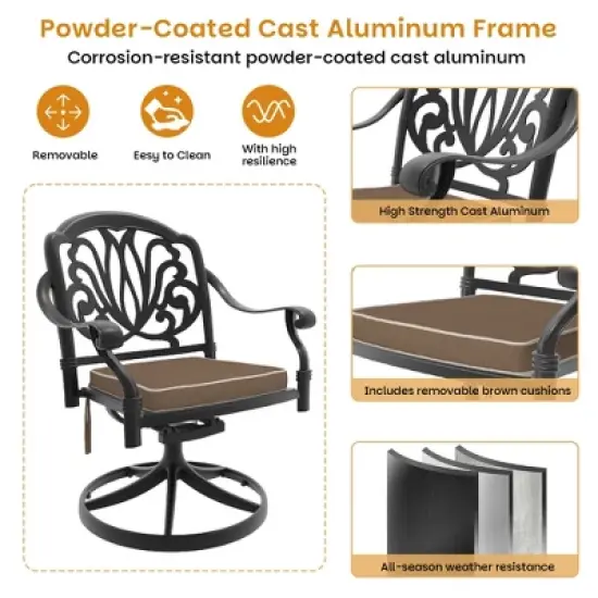7-Piece Rectangle Cast Aluminum Outdoor Patio Dining Set with Swivel Chairs & Brown Cushions & Umbrella Hole image {6}
