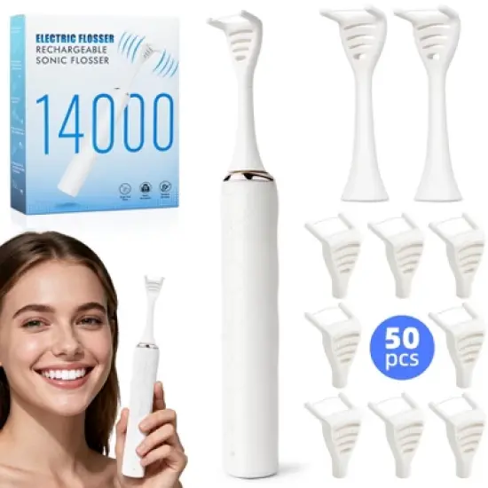 YEVYO Electric Flosser for Teeth - 140000 Ultra-High Frequency Dual-Line Flossing, Cleaning, Tongue Scraper, Gum Massager - Reusable Flossers, White image {8}