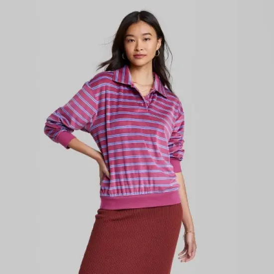 Women's Ascot + Hart Collared Striped Long Sleeve Graphic T-Shirt image {1}