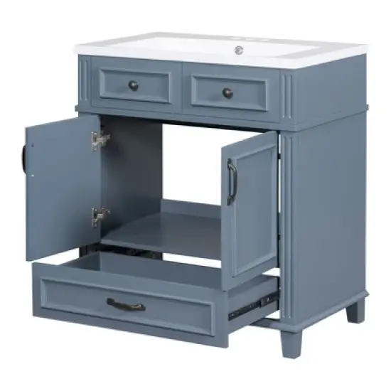 Whisen 30 in. Retro Style Bathroom Storage Cabinet Bathroom Vanity with Resin Sink and Soft Closing Doors image {7}