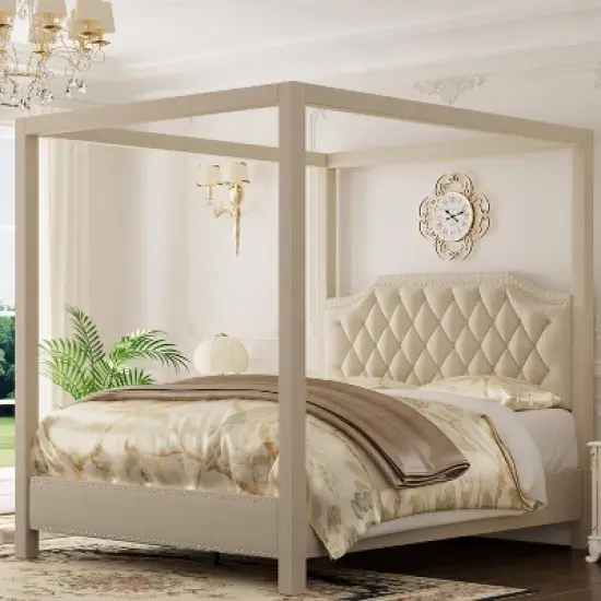 Upholstered Canopy Bed Frame with Headboard, Button Tufted, Nailhead Trim Design, No Box Spring Required image {5}