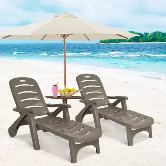 Costway 2 PCS Folding Chaise Lounge Chair 5-Position Adjustable Recliner Grey\Turquoise\Brown\White image {2}