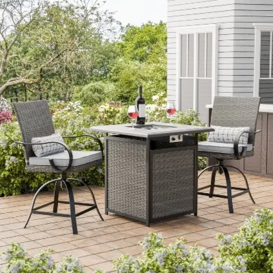 Greemotion 3pc Arosa Outdoor Counter Height Patio Firepit Sets with Swivel Chairs Gray: Ceramic Tile Top, UV & Rust-Resistant image {1}