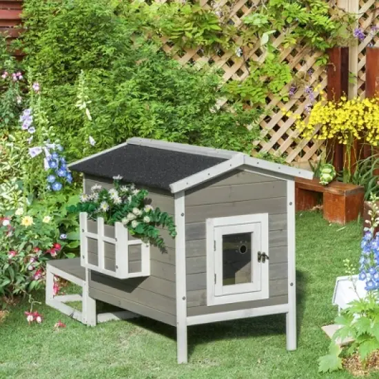 PawHut Wooden Wooden Cat House Feral Cat Shelter Kitten Condo with Escape Door, Porch and Flower Stand - Dark Gray/White image {1}