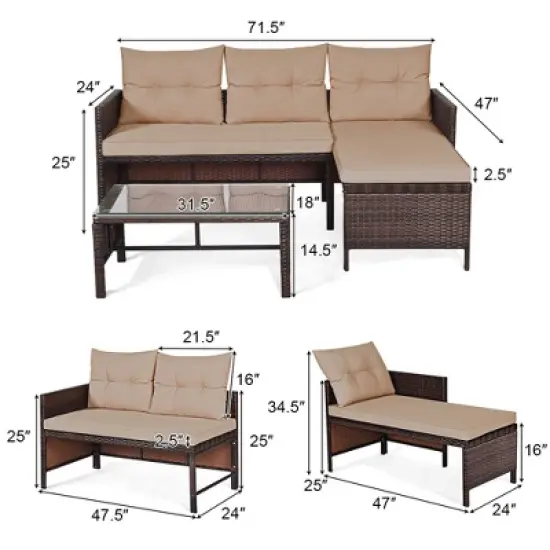 Costway 3PC Patio Sofa Set Outdoor Sectional Conversation Set Rattan Wicker image {4}