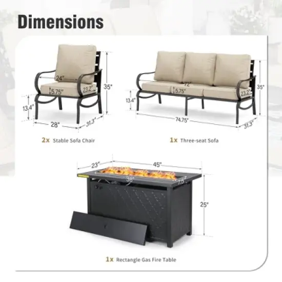 Captiva Designs 4pc Metal Patio seating Furniture Fire Pit Set with Armchairs for Garden Porch Backyard image {1}